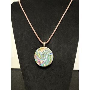 Polymer Clay Round Pendant Bead Necklace‎ With Leather Cord Multicolor Swirls